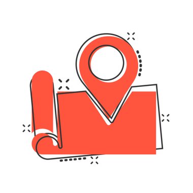 Harita simgesi simgesi çizgi romanda. GPS navigasyon karikatür vektör çizimi beyaz izole arka planda. Pozisyon sıçrama etkisi iş konseptini belirle.