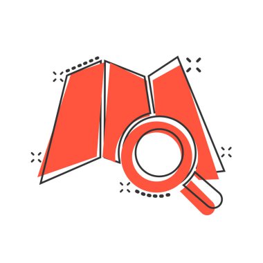 Çizgi roman tarzında büyüteç simgesi olan bir harita. İzole edilmiş beyaz arkaplanda GPS navigasyon çizgi filmi vektör çizimi. Pozisyon sıçrama etkisi iş konseptini belirle.