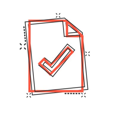 Çizgi roman tarzında belge kontrol listesi simgesi. Beyaz izole edilmiş arka planda çizgi film vektör illüstrasyonunu rapor et. Kağıt tabaka sıçrama etkisi iş konsepti.