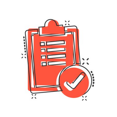 Çizgi roman tarzında liste simgesi yapmak için. Beyaz izole edilmiş arkaplandaki karikatür vektör çizelgesi. Not kontrol işareti sıçrama etkisi iş konsepti.