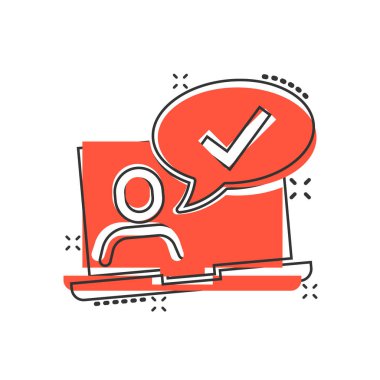 Çizgi roman tarzında dizüstü bilgisayar ikonu olan insanlar. Beyaz izole edilmiş arkaplanda Pc kullanıcı kontrol işareti çizgi film çizimi çizimi. Ofis yöneticisi etki iş kavramı.