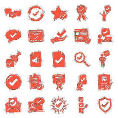 Çizgi roman tarzında onay simgesi ayarlandı. Beyaz izole edilmiş arkaplanda çizgi film vektör illüstrasyonunu işaretle. Tik kabul edilmiş sıçrama etkisi iş konsepti.