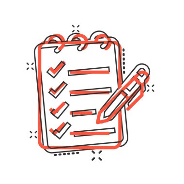 Çizgi roman tarzında liste simgesi yapmak için. Beyaz izole edilmiş arkaplandaki karikatür vektör çizelgesi. Not kontrol işareti sıçrama etkisi iş konsepti.