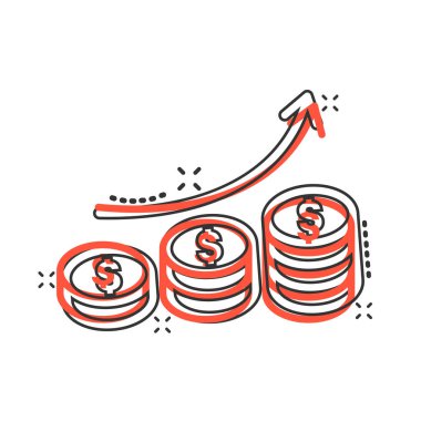 Çizgi roman tarzında gelir artışı simgesi. Beyaz izole edilmiş arka planda finansal performans çizgi film vektör çizimi. Büyüme oku olan para sıçrama etkisi iş konsepti.