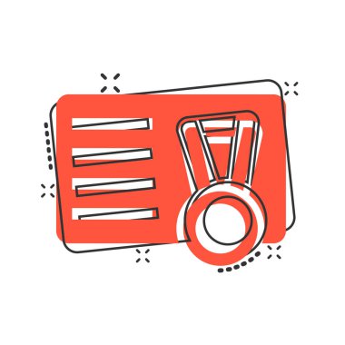 Komedi tarzında madalya ikonu olan Vip kartı. Beyaz izole edilmiş arka planda, ödül ödüllü karikatür vektör çizimi. Kazanan rozet etki iş konseptini su yüzüne çıkardı.