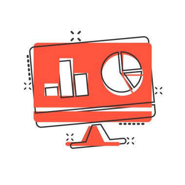 Çizgi roman tarzında web sitesi analiz simgesi. SEO veri karikatür vektör çizimi beyaz izole arka planda. Bilgisayar diyagramı sıçrama etkisi iş konsepti.