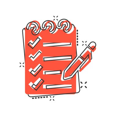 Çizgi roman tarzında liste simgesi yapmak için. Beyaz izole edilmiş arkaplandaki karikatür vektör çizelgesi. Not kontrol işareti sıçrama etkisi iş konsepti.