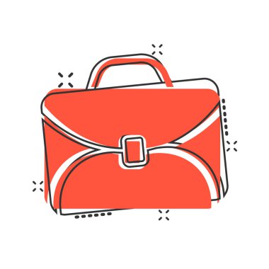 Çizgi roman tarzında evrak çantası simgesi. Beyaz izole edilmiş arka planda iş adamı çantası karikatür çizimi. Portföy sıçrama etkisi iş konsepti.