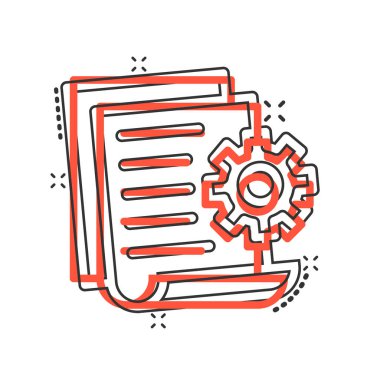 Çizgi roman tarzında dişli simgesi olan belge. Beyaz izole edilmiş arka planda büyük veri işleme çizgi film vektör çizimi. Kağıt sayfası yazılım çözümü sıçrama etkisi iş konsepti.