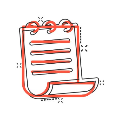 Çizgi roman tarzında belge notu simgesi. Beyaz zemin üzerinde kağıt sayfa çizgi film vektör çizimi. Not defteri belgesi sıçrama etkisi iş konsepti.