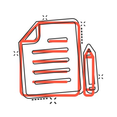 Çizgi roman tarzında kalem simgesi içeren belge notu. Beyaz arkaplanda kağıt kalem karikatür vektör çizimi. Not defteri belgesi sıçrama etkisi iş konsepti.