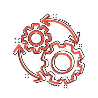 Çizgi roman tarzında çalışma akışı simgesi. Beyaz izole edilmiş arka planda etkili çizgi film vektör çizimi. İşlem organizasyonu sıçrama etkisi iş konsepti.
