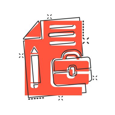 Çizgi roman tarzında kalem simgesi içeren belge notu. Kağıt kalem ve evrak çantası beyaz arka planda vektör çizimi. Not defteri belgesi sıçrama etkisi iş konsepti.