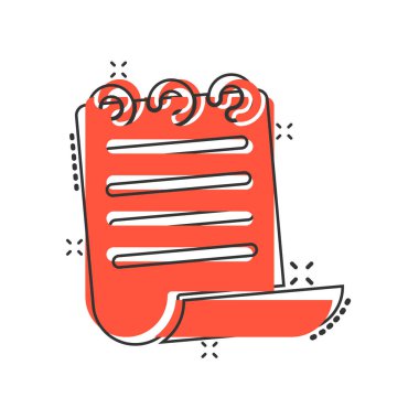 Çizgi roman tarzında belge notu simgesi. Beyaz zemin üzerinde kağıt sayfa çizgi film vektör çizimi. Not defteri belgesi sıçrama etkisi iş konsepti.