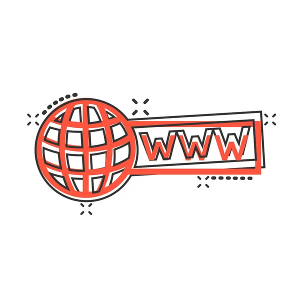 コミックスタイルのグローバル検索アイコン 白い隔離された背景のウェブサイトのアドレス漫画のベクトルイラスト Wwwネットワークスプラッシュ効果ビジネスコンセプト — ストックベクタ