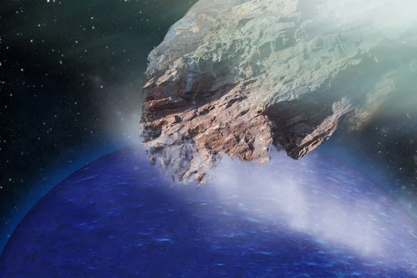 meteorites crash into the planet . Belt asteroids in space on a starry background.