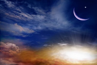  Bulutlar, ışık ışınları ve diğer atmosferik etkilerle gün batımı veya gün doğumu 