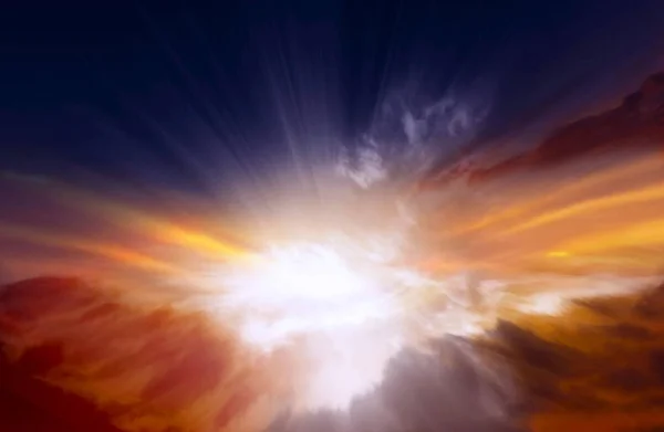 Fundo Natureza Dramática Pôr Sol Nascer Sol Com Nuvens Raios — Fotografia de Stock