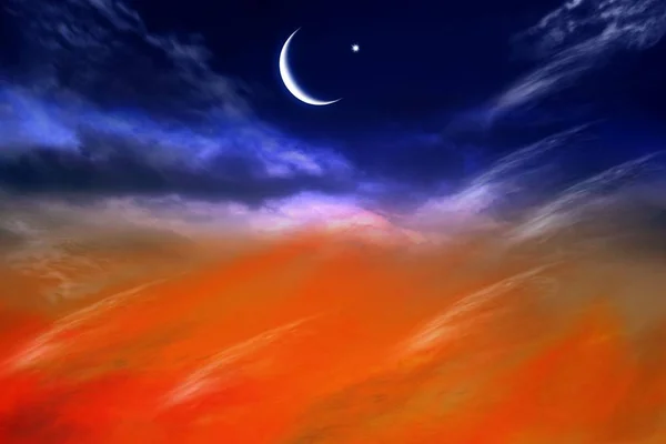 Red sunset and moon .