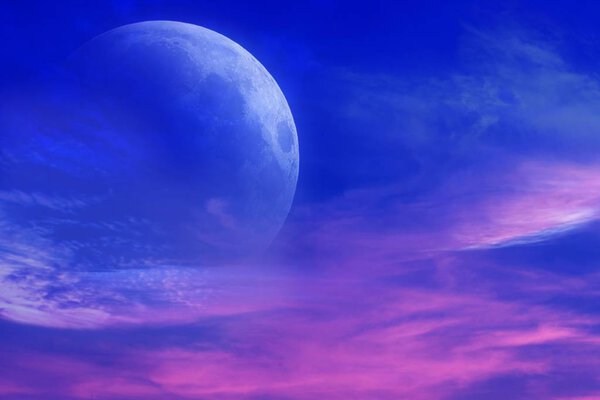 Sunset and new moon . Paradise heaven . Romantic decline and mystical moon . Religious background.