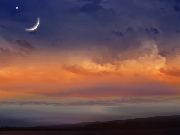 Romantic sunset and mystical moon