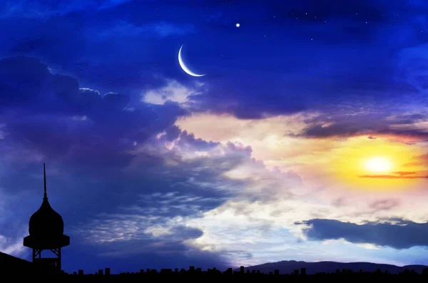 Romantic sunset and mystical moon