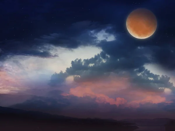 浪漫日落和神秘的月亮 — 图库照片