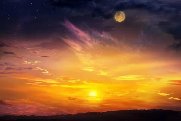 Романтический закат и мистическая луна  . — стоковое фото