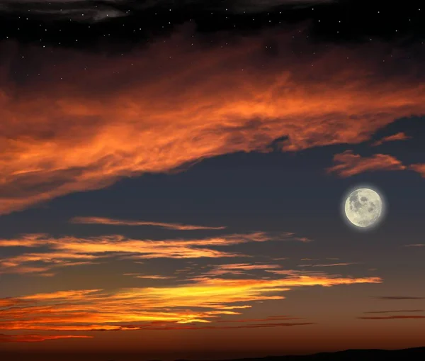 Kırmızı günbatımı ve ay. Bulutlar arka planı — Stok fotoğraf