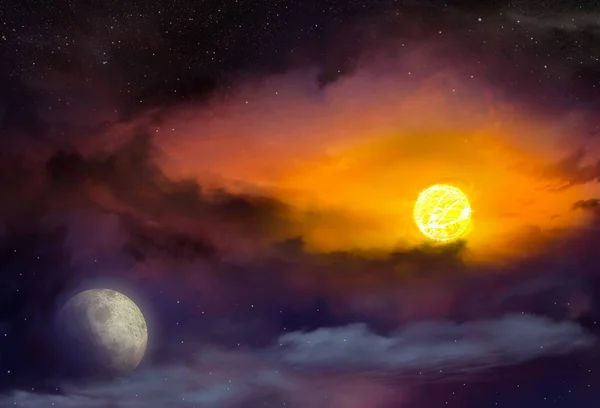 Roter Sonnenuntergang und Mond . — Stockfoto