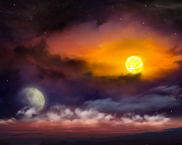 Roter Sonnenuntergang und Mond . — Stockfoto