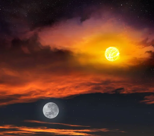 Red sunset and moon .