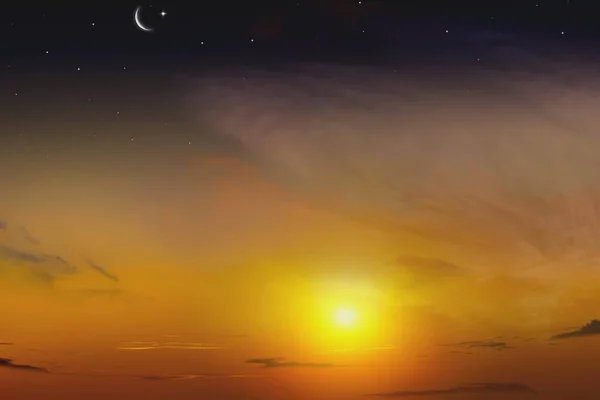 Червоний Захід Сонця Місяця Світла Темному Небі Красиві Хмари Рамадан — стокове фото