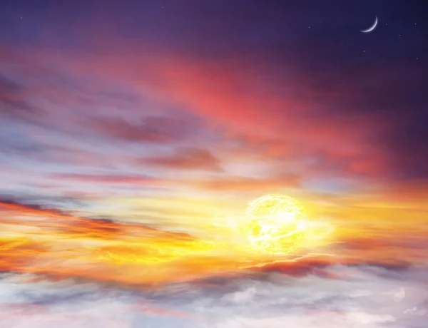Colorful sunset .Eye of god .Beautiful bright sunset. Heavenly background.Light in dark sky .Sun in space . Moon sun and stars . idyllic landscape