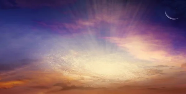 Молодик Час Молитви Щедрі Рамадан Мубарак Фону Світиться Захід Сонця — стокове фото