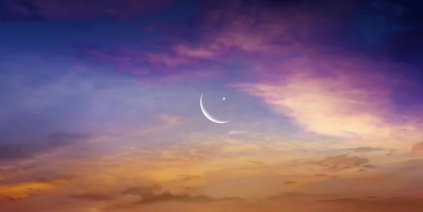 Luna Nuova Tempo Preghiera Generoso Ramadan Sfondo Mubarak Tramonto Splendente — Foto Stock