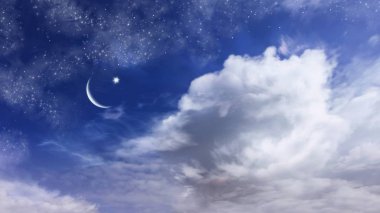 Yıldız ile gece gökyüzü. Yeni ay. Ramazan arka plan. Dua zamanı. Dramatik doğa arka plan. Arap gece   