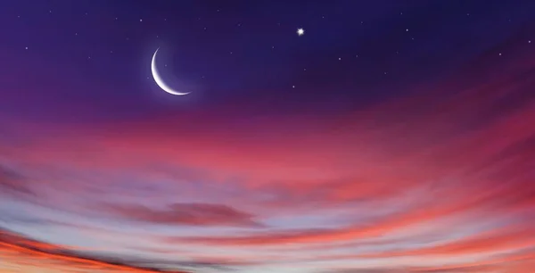 Luna Creciente Con Estrellas Luna Creciente Con Hermoso Fondo Atardecer — Foto de Stock