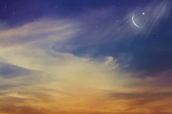 Crescent moon with Stars . Crescent moon with beautiful sunset background . Generous Ramadan