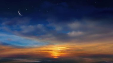Günbatımı ve new moon. Hilal ay yıldız. Hilal ay güzel günbatımı arka plan ile. Cömert Ramazan 