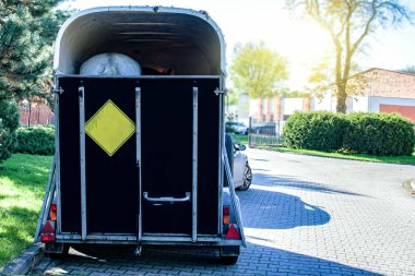 At arabası. Atlar için vagon. Atları taşımak için otomatik römork. Ulaşım hayvanları. At nakliye aracı, binicilik sporu.