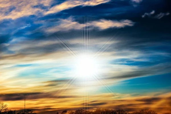 Beautiful Sunset Sun Bright Sky Cloud Landscape Background — Stock Photo, Image