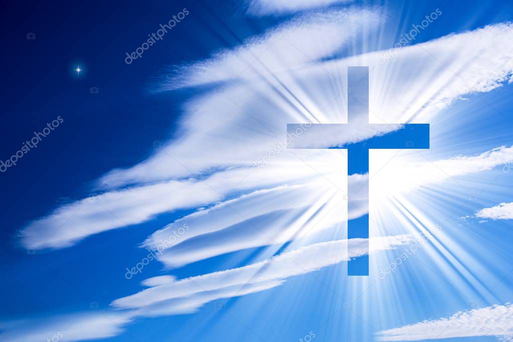 Easter background. Christian cross against celestial clouds. Easter background. Christian Cross Against Heaven