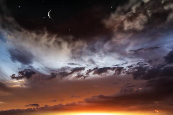 Újhold Vallási Háttér Éjjel Csillagokkal Ramadán Háttér Imádkozzunk Hold Gyönyörű — Stock Fotó