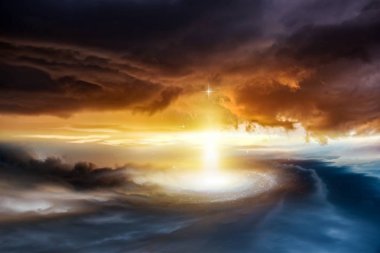 Beautiful sunset of the Sun. Bright sky. Cloud landscape background. end existence of life . 