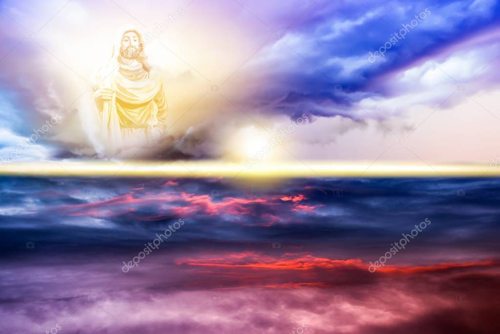 Angel in the clouds . Blue sky with clouds . religion background . history from the Bible. Light coming from the star.