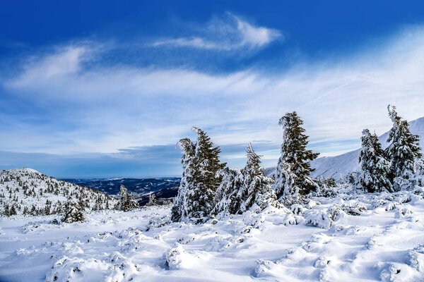 Winter mountain landscape nature. Mountain peaks . tourist route . Snow mountains in daylight