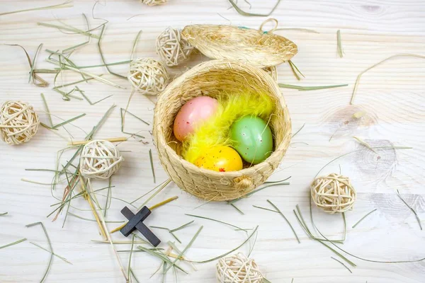 eggs in a nest  . religion holiday. Easter food is on the table.