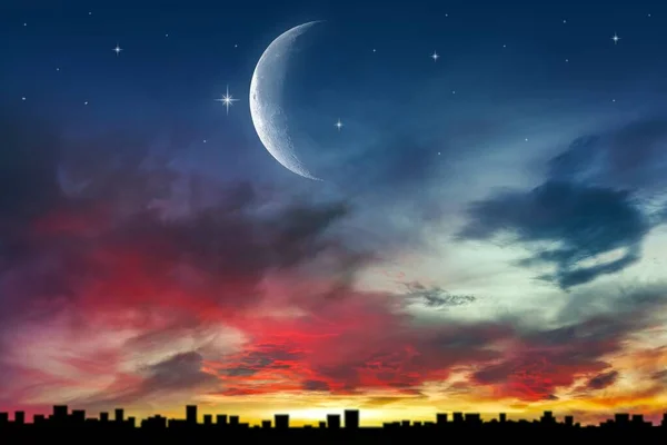 Lune Dessus Ville Dans Ciel Contexte Des Religions — Photo