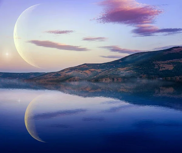 Landscape Mountains Reflected Water Romantic Moon Water — Stock Photo, Image